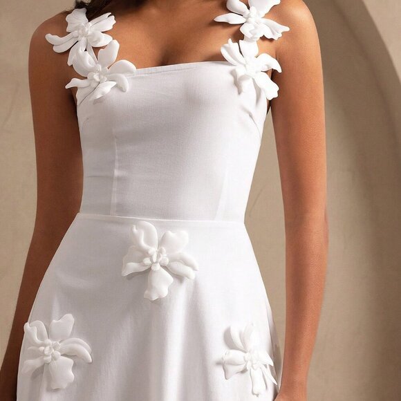 White Elegant Women's 3d Flower Sleeveless Sling Maxi Dress - Picture 5 of 8